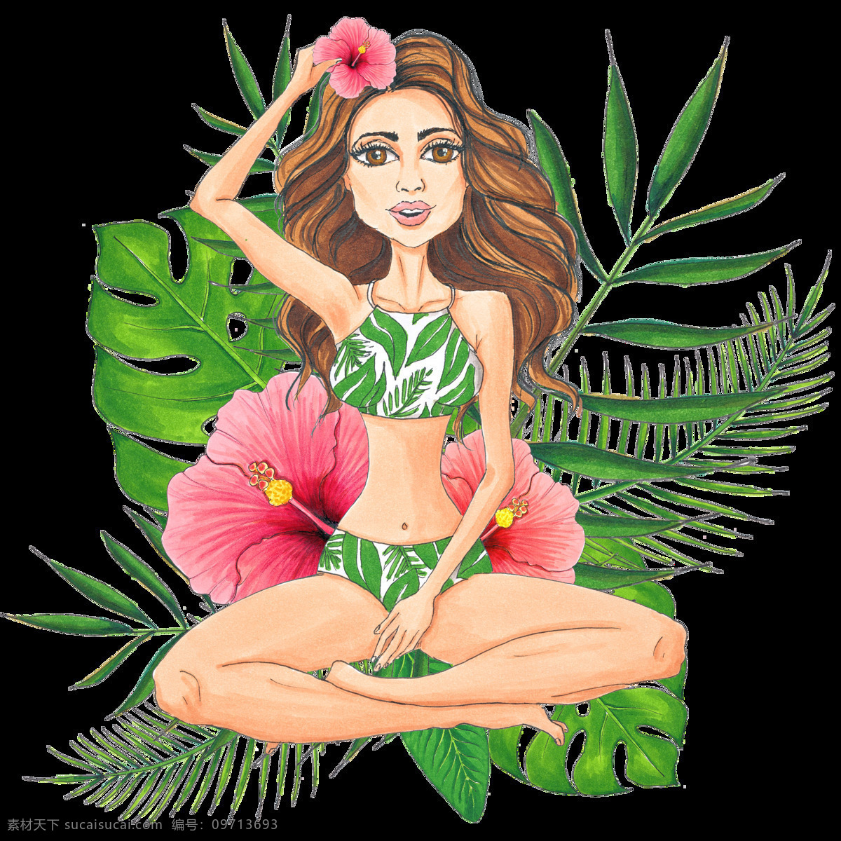 手绘 休闲度假 美女 透明 卡通 绿色 免扣素材 水彩 透明素材 夏日 装饰图案