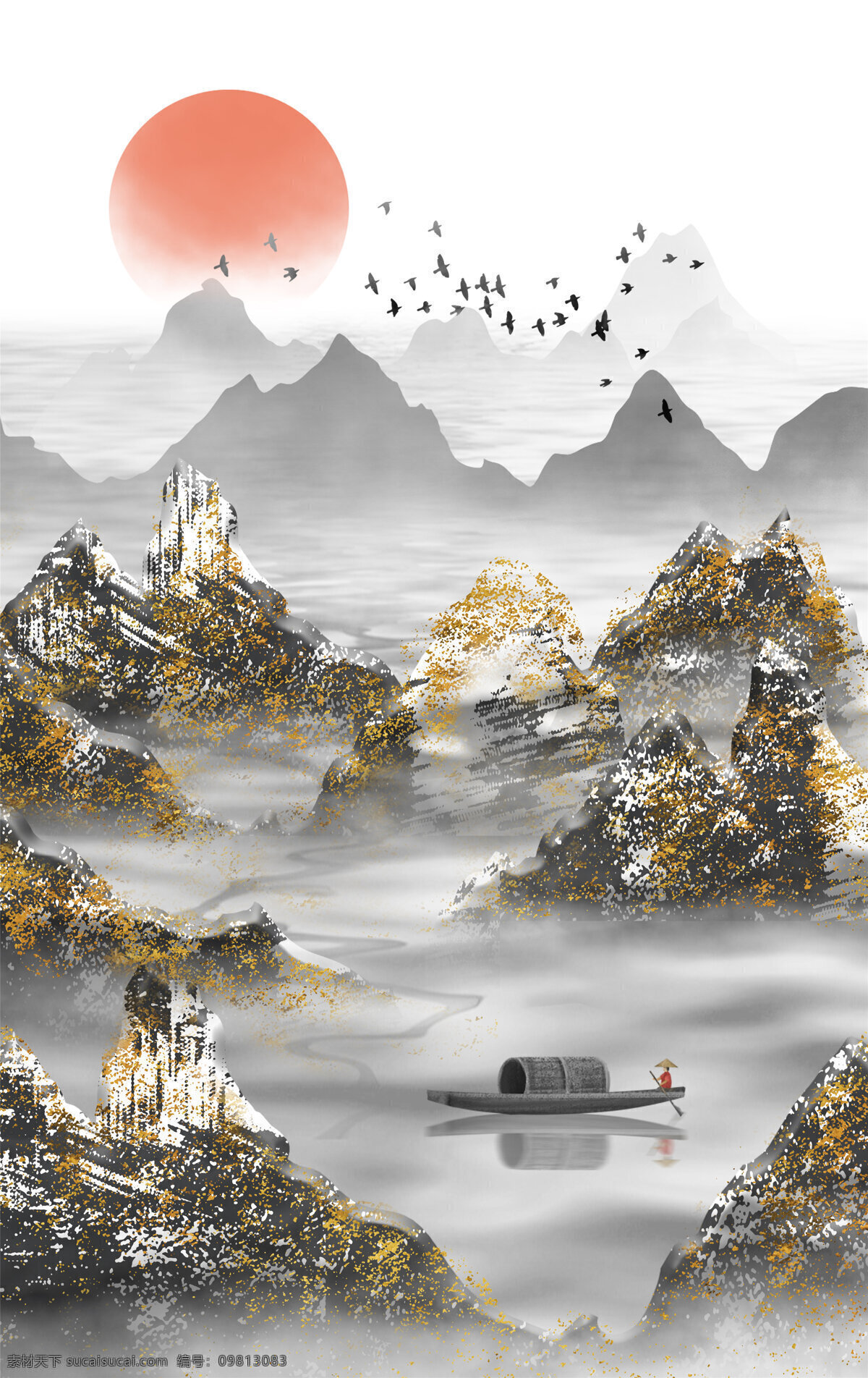 新 中式 装饰画 背景 新中式 装饰画背景 太阳 鸟 山脉 群山 船