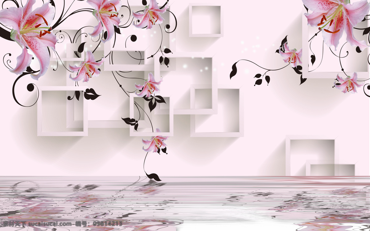梦幻 粉色 玫瑰花 粉色玫瑰花 梦幻花纹 水上百合 倒影 方框 3d立体画 立体设计 3d 立体 设计图 百合花 3d设计