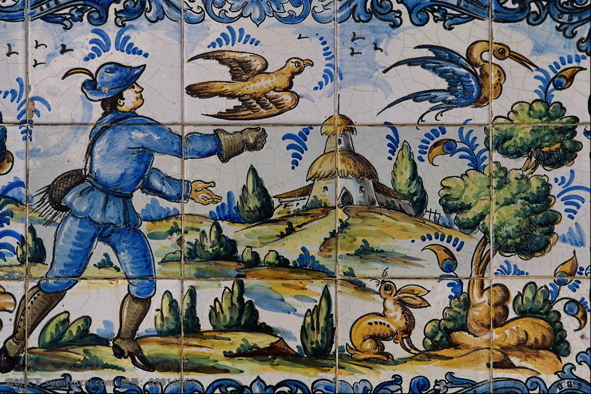 狩猎 猎人 壁画 狩猎猎人壁画 世界 宗教 素材图片 西方 瓷砖 磁片 拼图 文化艺术