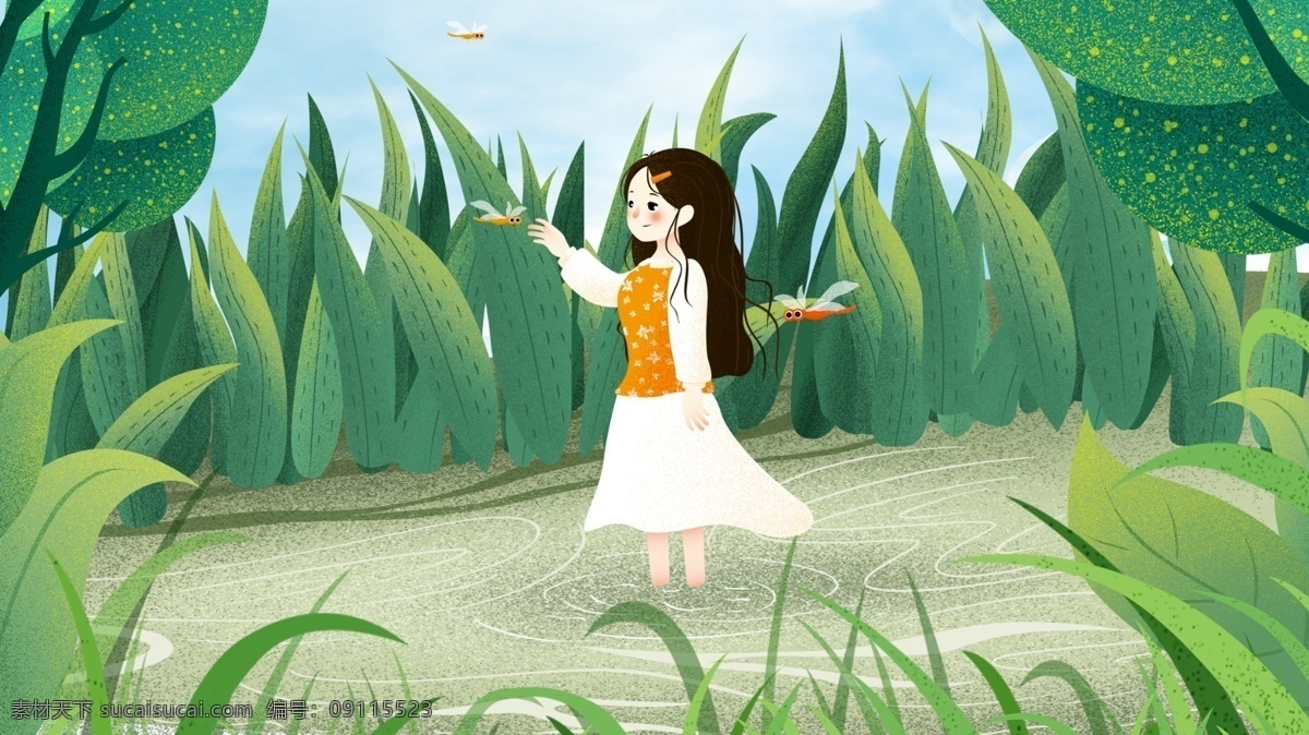 二十四节气 大暑 池塘 中 嬉戏 女孩 清新 夏天 插画 植物 绿色 美丽 草 河 蜻蜓 热带植物 花