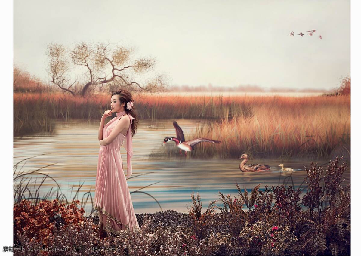 美女模特 优美 美女 河 秋意 秋色 人物图库 人物写真