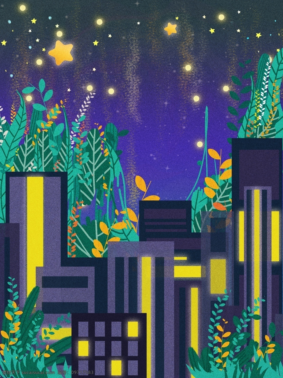 手绘 城市 夜晚 景色 背景 小清新背景 插画背景 植物背景 通用背景 夜晚景色