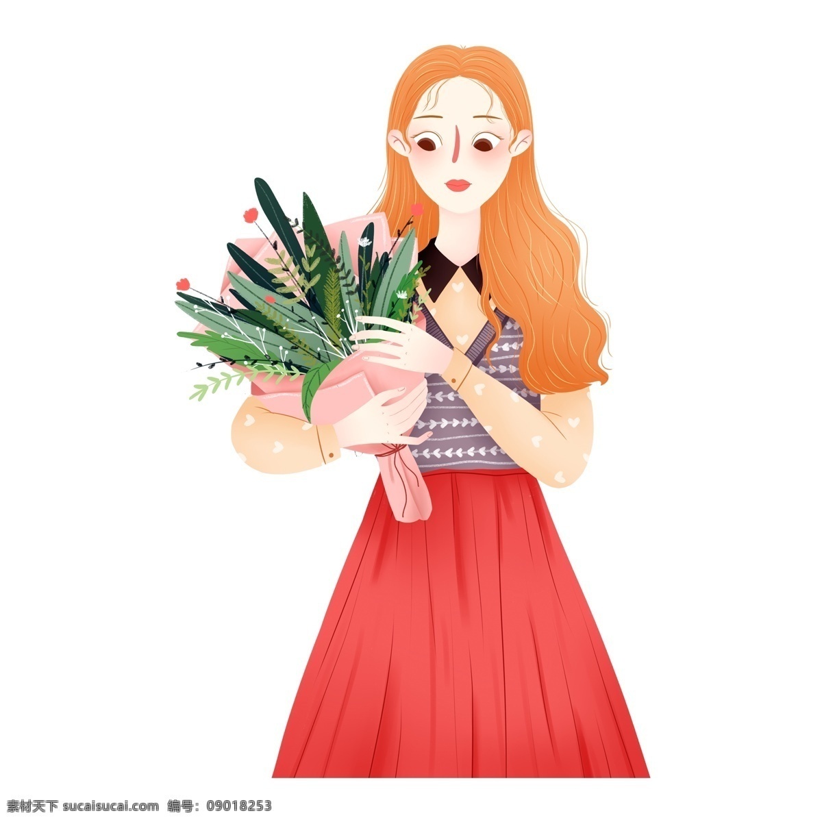 可爱 抱 花 女孩 免 抠 元素 女孩设计元素 可爱风 免抠元素 透明元素 手绘元素 花卉