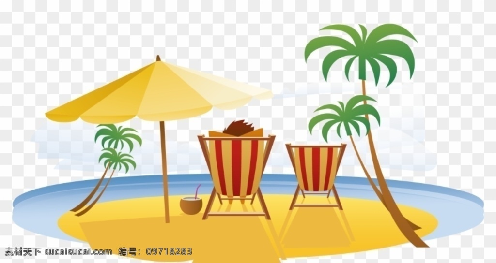 海边休闲 夏日 海滩 卡通 椰子 太阳伞 遮阳伞 沙滩阳光 大海 海洋 度假 设计元素