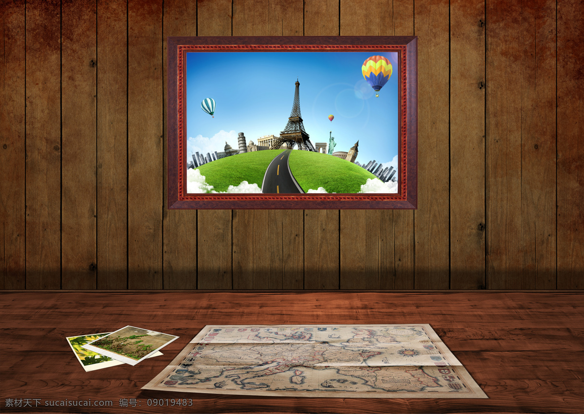 木板 相框 背景 素材图片 木纹 地图 铁塔 草地 气球 底纹背景 创意图片 图片背景 其他风光 风景图片