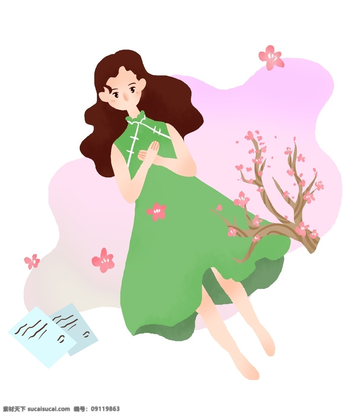 踏青 小女孩 插画 樱花节 人物 踏青的小女孩 粉色的樱花 蓝色的图书 卡通人物 漂亮的小女孩
