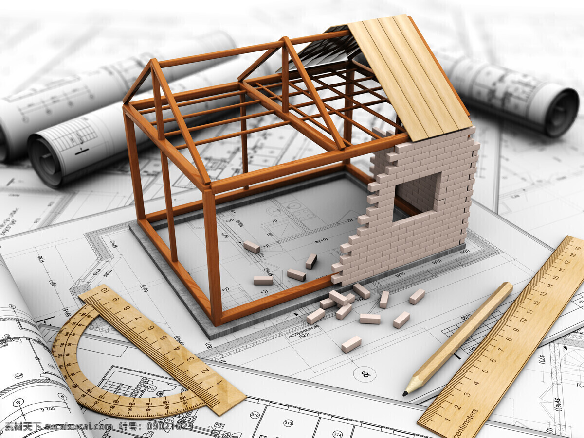 图纸 上 房屋 框架 设计图 高楼模型 建筑设计 建筑模型 房屋框架 米尺 笔 环境家居