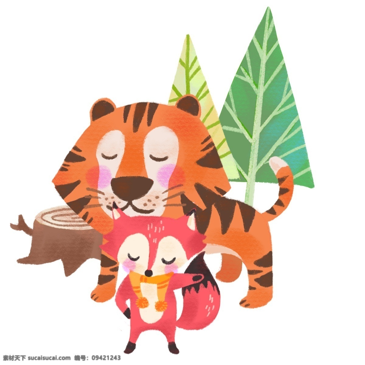 手绘 老虎 狐狸 狐假虎威 成语 可爱 卡通 森林 树木 暖色 小动物 动物 插画 儿童 童趣