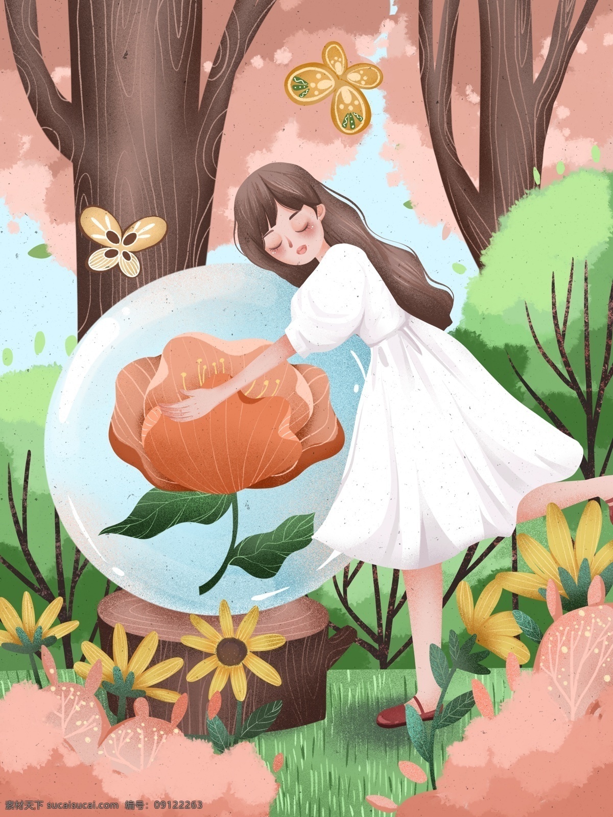 春分 女孩 森林 拥抱 花卉 温馨 可爱 插画 花朵