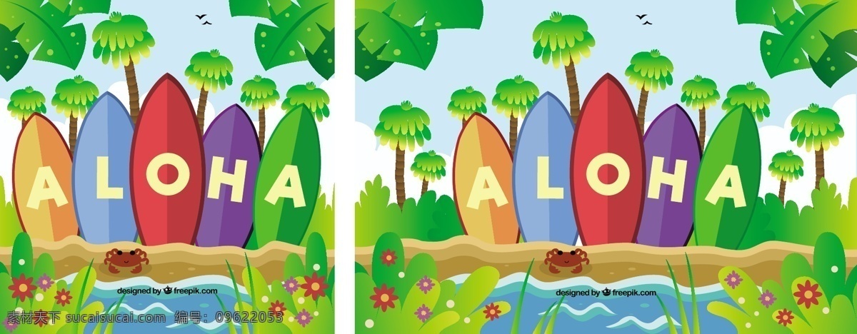 冲浪板 背景 aloha 字 花卉 夏季 花卉背景 景观 热带 平原 树木 平面设计 棕榈 word 螃蟹 夏威夷 季节 热带花卉