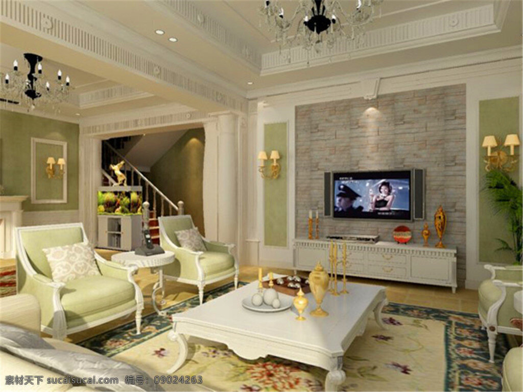 欧式客厅模型 灯具模型 黑色 沙发茶几 室内设计