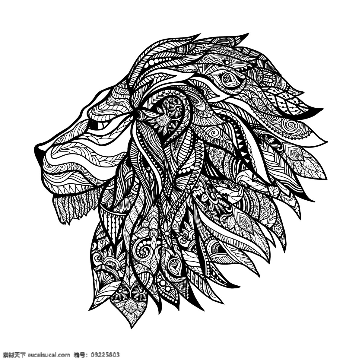 狮子头 面具 纹身 图案 矢量 丛林 部落 黑白 欧美 手绘 艺术 精细 铅笔画 纹理 插画 印刷 卡通