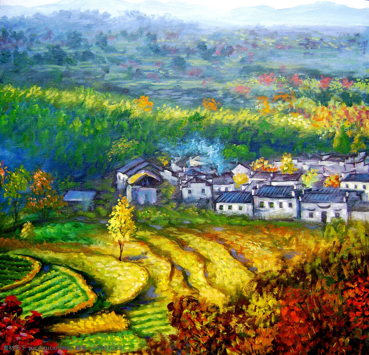 房屋 绘画 绘画书法 美术 农家 秋色 山村 山岭 农家金秋 油画风景 乡村 树木 庄稼 梯田 油画艺术 油画作品18 文化艺术 家居装饰素材
