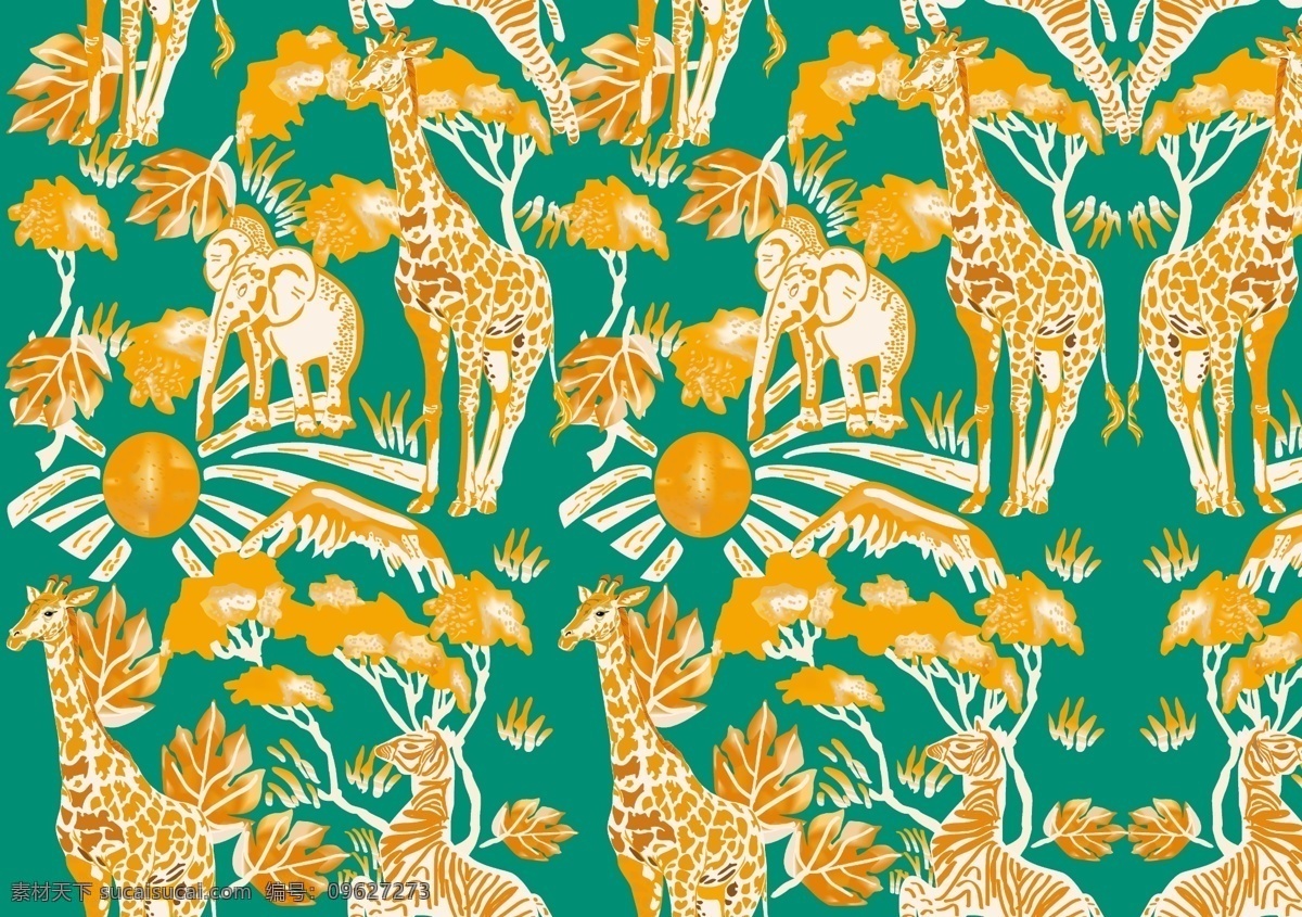 方巾图片 方巾 绿色 金色 长颈鹿 大象 底纹边框 边框相框
