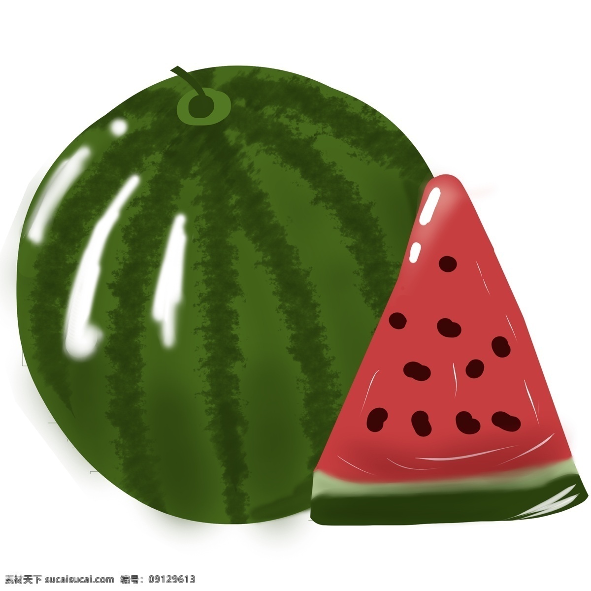 切开 西瓜 水果 花纹 瓜 切西瓜 水彩 手绘 系列 红色 黑色 绿色 白色 浅绿色 沙瓤 脆甜 喜欢 夏天
