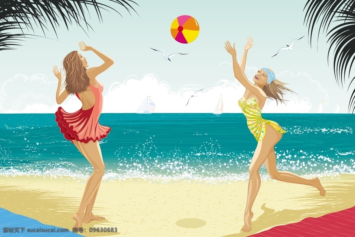 海边 打球 美女 模板下载 美女图片 沙滩 卡通 沙滩球 海鸥 女性女人 矢量人物 矢量素材 白色