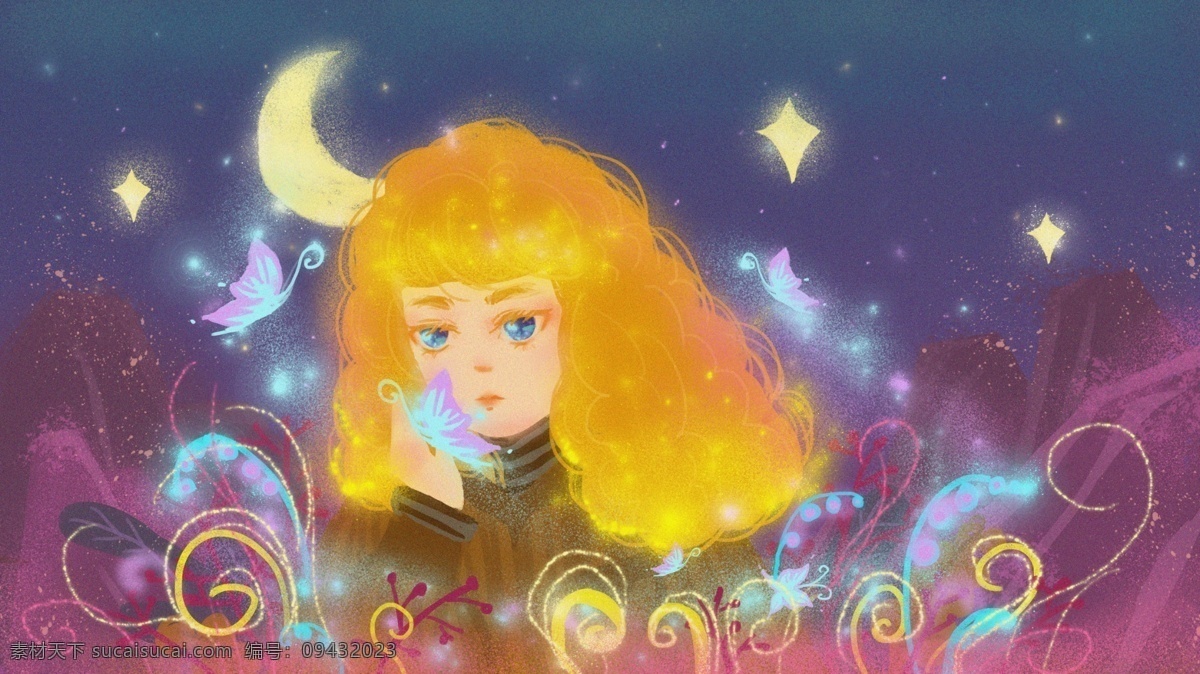 星空 下 女孩 蝴蝶 小清新 插画 月亮 原创 配图 手机配图 微信配图 公众号配图