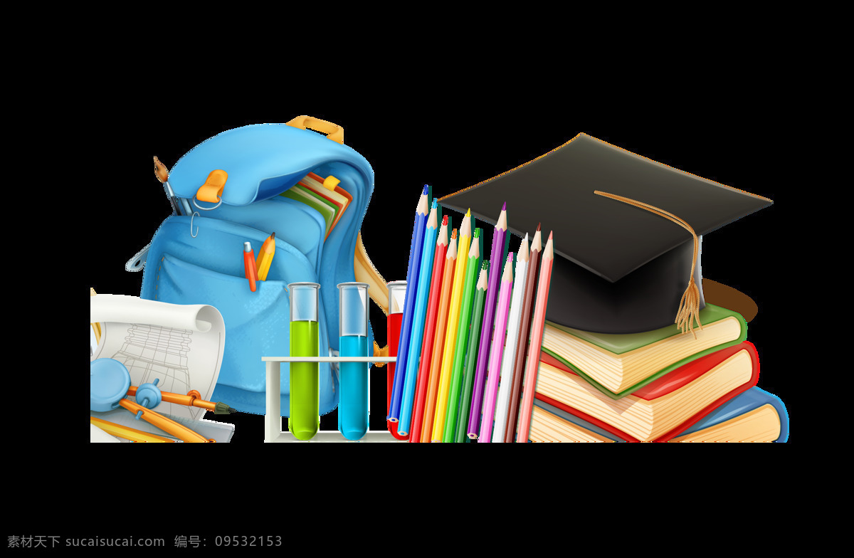 手绘 学习 书本 元素 书包 铅笔 毕业 学士帽 png元素 免抠元素 透明元素