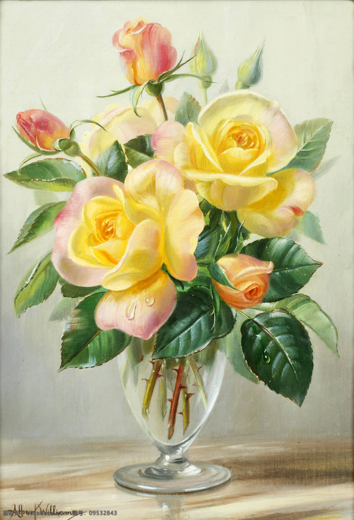 威廉姆作品 阿尔伯特 英国画家 静物花卉 黄玫瑰 玻璃花瓶 20世纪油画 油画 文化艺术 绘画书法