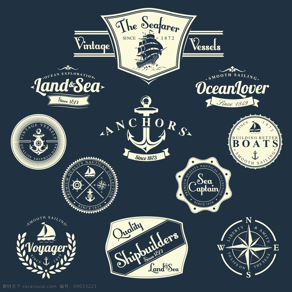 航海图标 印花 船锚 指南针 海盗 服装设计
