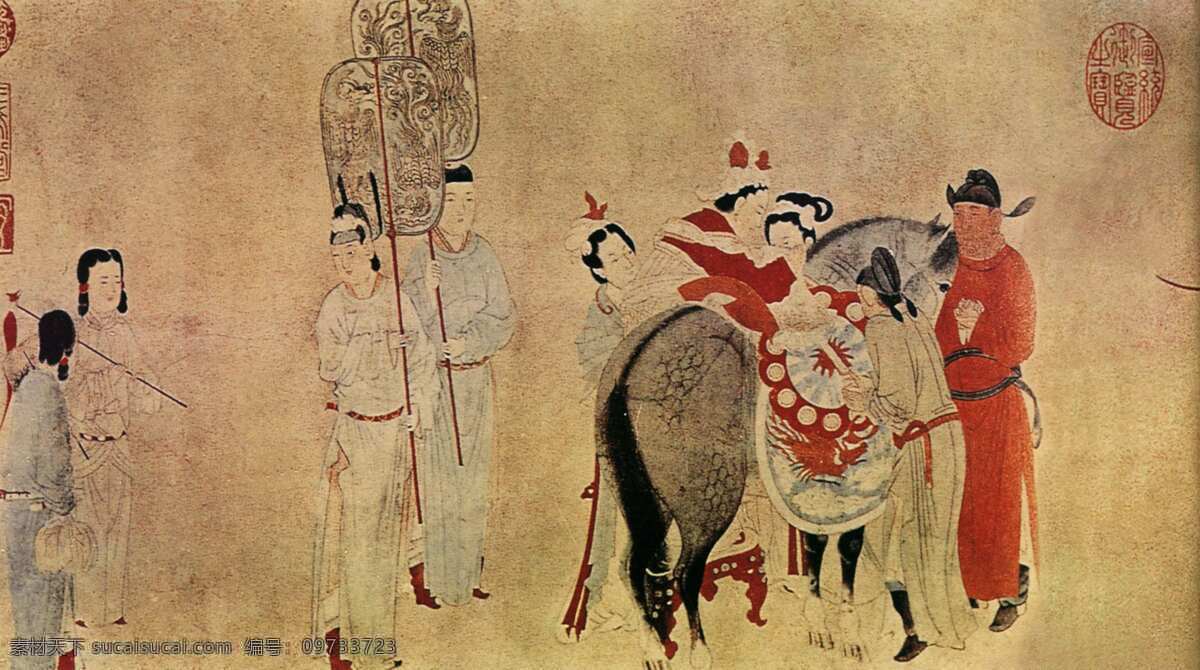 古代 人物图片 古代人物 绘画书法 扇子 设计图库 水墨画 文化艺术 印章 马 随从 装饰素材 雕刻 图案