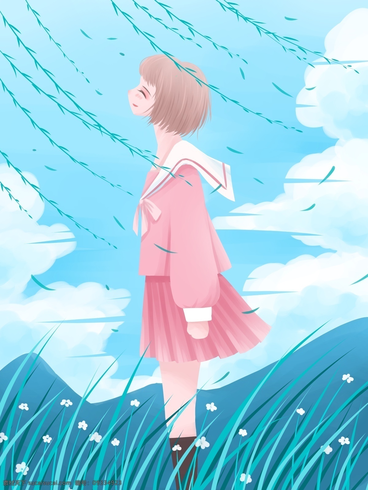 春天 你好 清新 唯美 插画 蓝天 白云 花丛 柳树 女孩 壁纸 背景 日签