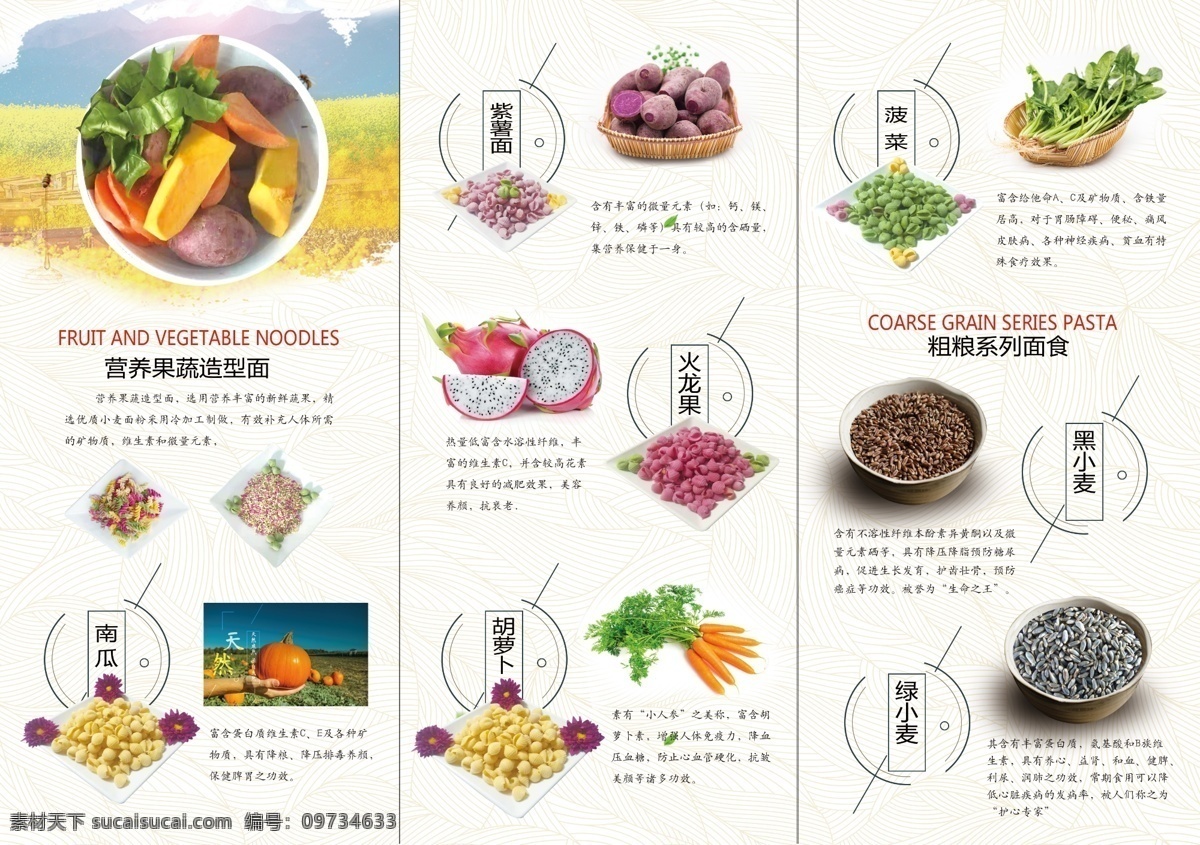 三折页 食品 五谷 绿色 天然 彩色 面条 蔬菜 水果 小麦 低纹 产品手册 宣传单