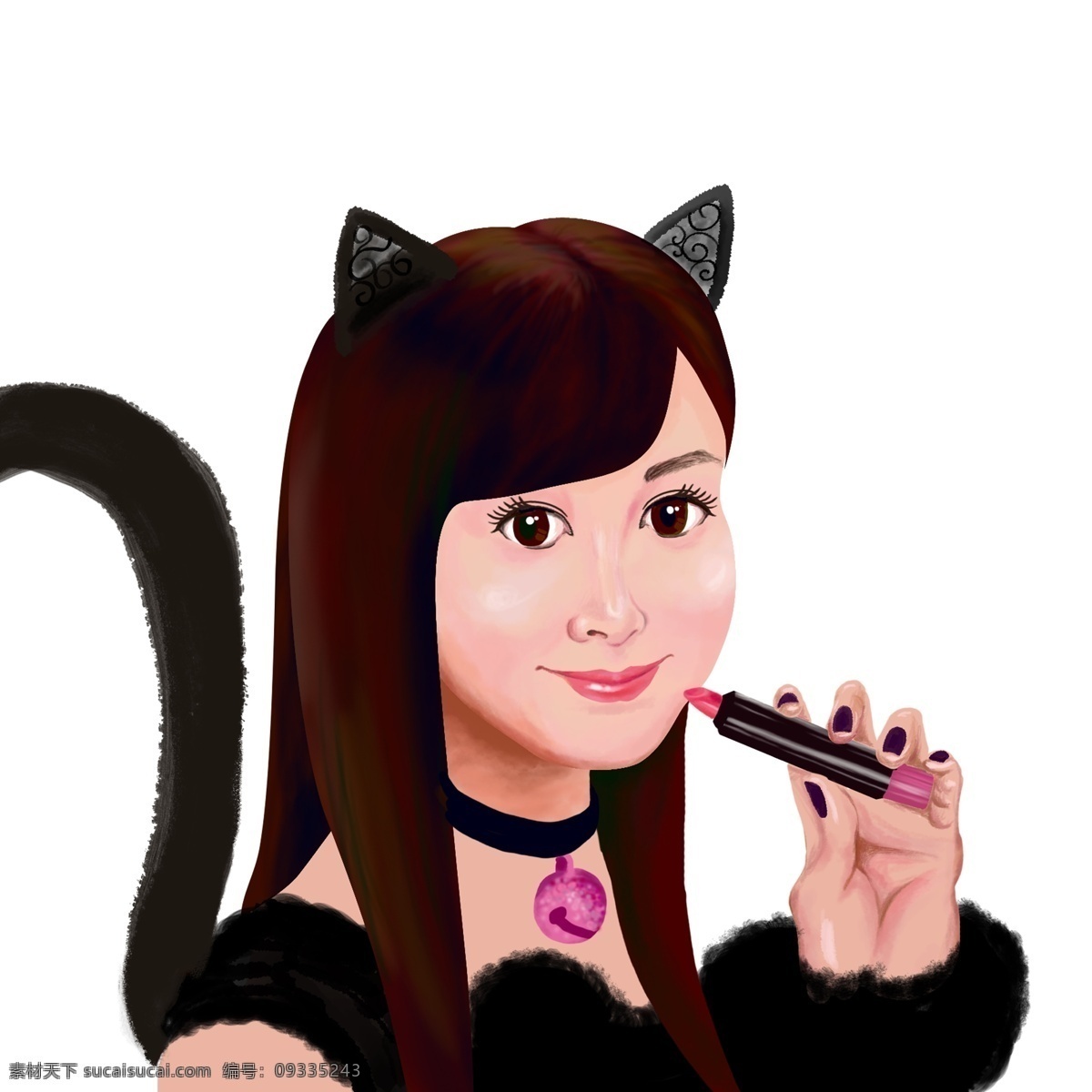 猫咪 可爱 少女 美 妆 春天夏天 化妆 性感 美女 长发少女 美妆 涂口红 涂唇膏 涂唇彩 大 眼睛 黑色 耳朵
