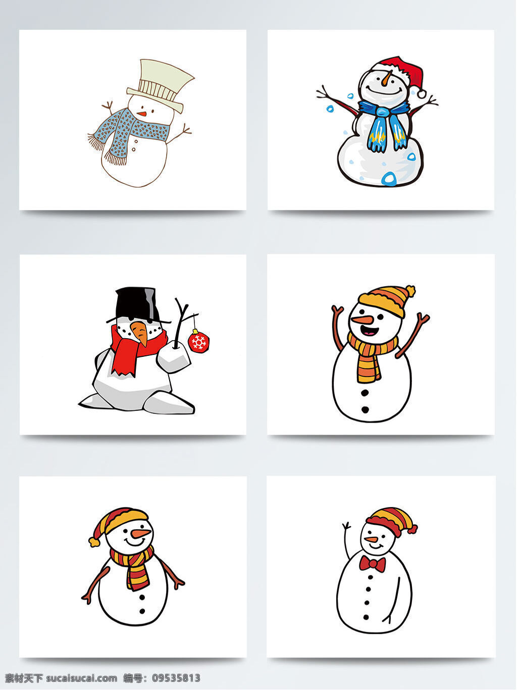 卡通 简 笔画 漫画 风格 时尚 创意 雪人 元素 白色 戴帽子的雪人 戴围巾的雪人 冬季 冬天 节日 漫画风格 雪花