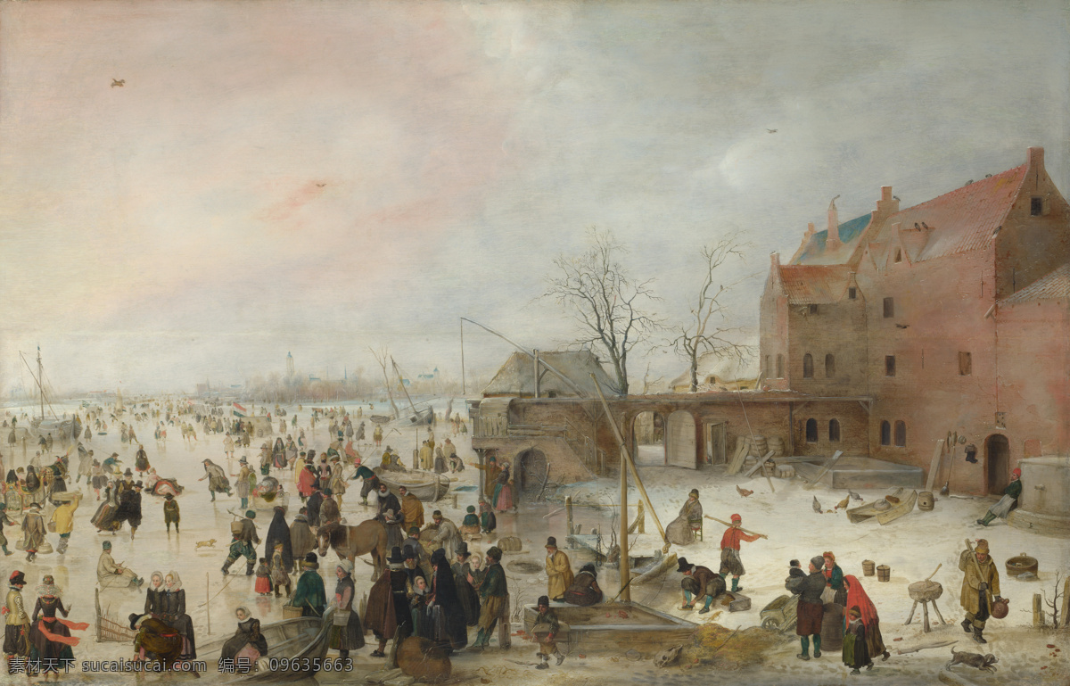 town 大师 画家 古典 画 建筑 景物 装饰画 油画 near ice the on scene avercamp hendrick 人物 高清 西方 国外 现代 家居装饰素材