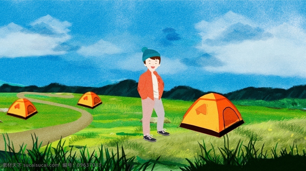 原创 唯美 清新 六月 你好 草原 旅游 插画 六月你好 男孩 帐篷 旅游插画 小清新 朋友圈配图 公众号配图