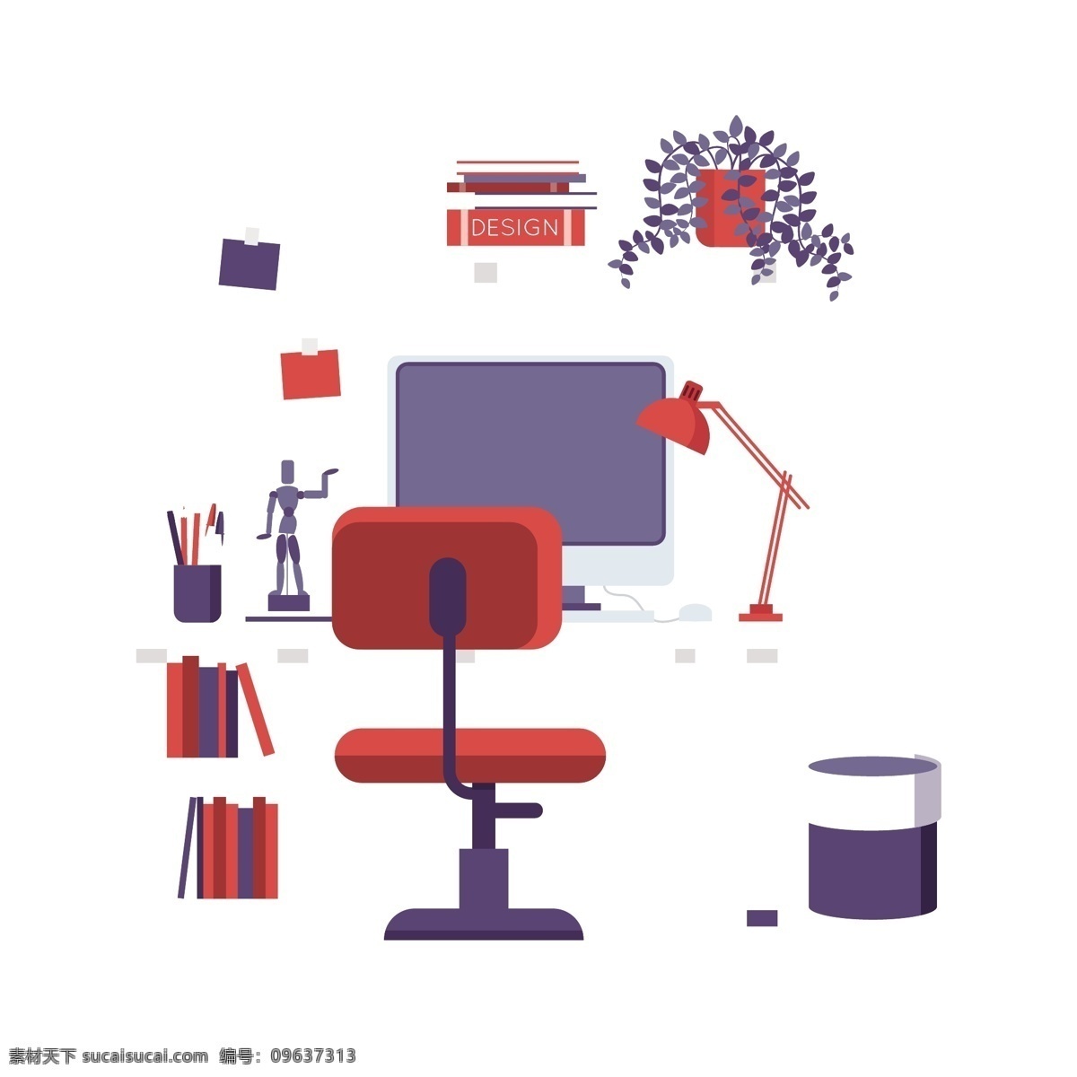 卡通 可爱 夸张 撞 色 书房 矢量 可爱的书房 垃圾桶 书桌 椅子 夸张颜色 颜色 电脑 台式电脑 吊兰 书籍 书本 人偶