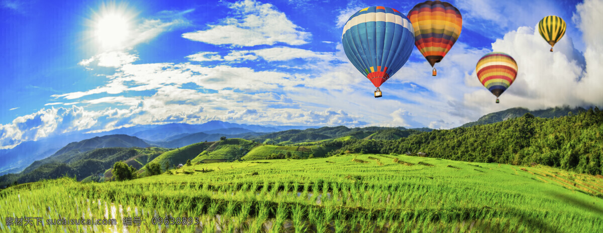 田野 上 热气球 蓝天 旅游 山川 大海图片 风景图片