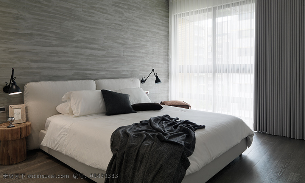 简约 卧室 壁画 装修 效果图 窗户 床铺 方形吊顶 个性吊灯 灰色窗帘 木地板