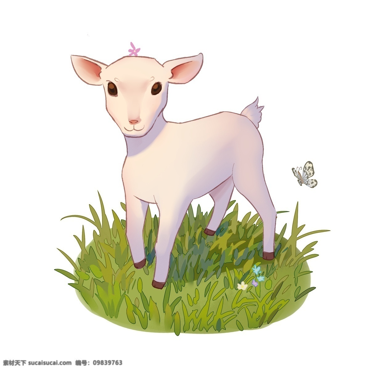 绿色 草地 吃 青草 小白羊 小 蝴蝶 飞舞 卡通 手绘 免扣 小羊 白色 小白花 蓝色的小花朵 吃青草 可爱的耳朵