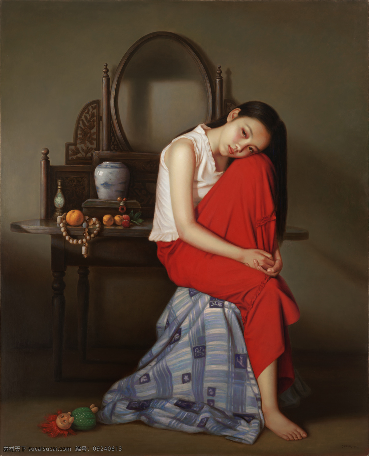 布娃娃 橙子 当代油画 佛珠 古典 绘画书法 镜子 少女 布面油画妆 布面 油画 妆 白衣 红裤 光脚 当代 装饰画 无框画 文化艺术 装饰素材