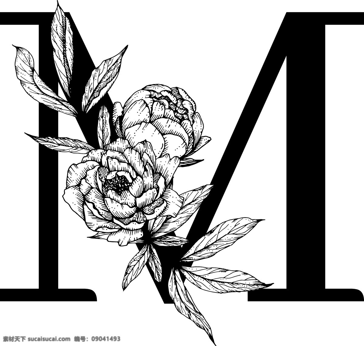 字母图片 花朵装饰字母 英文 字母 字体 花朵 鲜花 黑白 线描 素描 白描 创意设计 设计素材 矢量图 矢量素材 标识 生活百科 学习用品