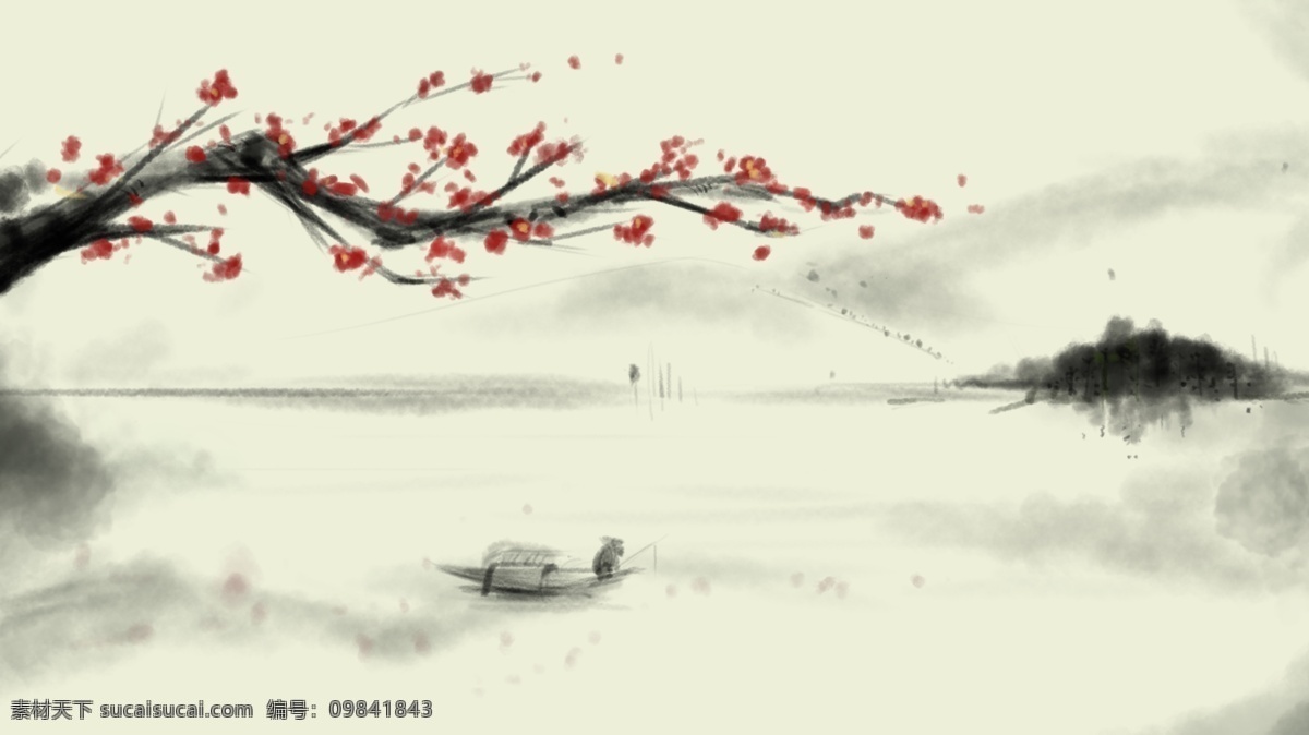 复古 水墨 水彩 冬日 傲 梅 中国 风 水墨画 中国风 国画 插画 意境 梅花 冬梅 垂钓 配图 山河 倒影 墨梅 独钓寒江雪 傲雪凌霜 渔船 渔翁