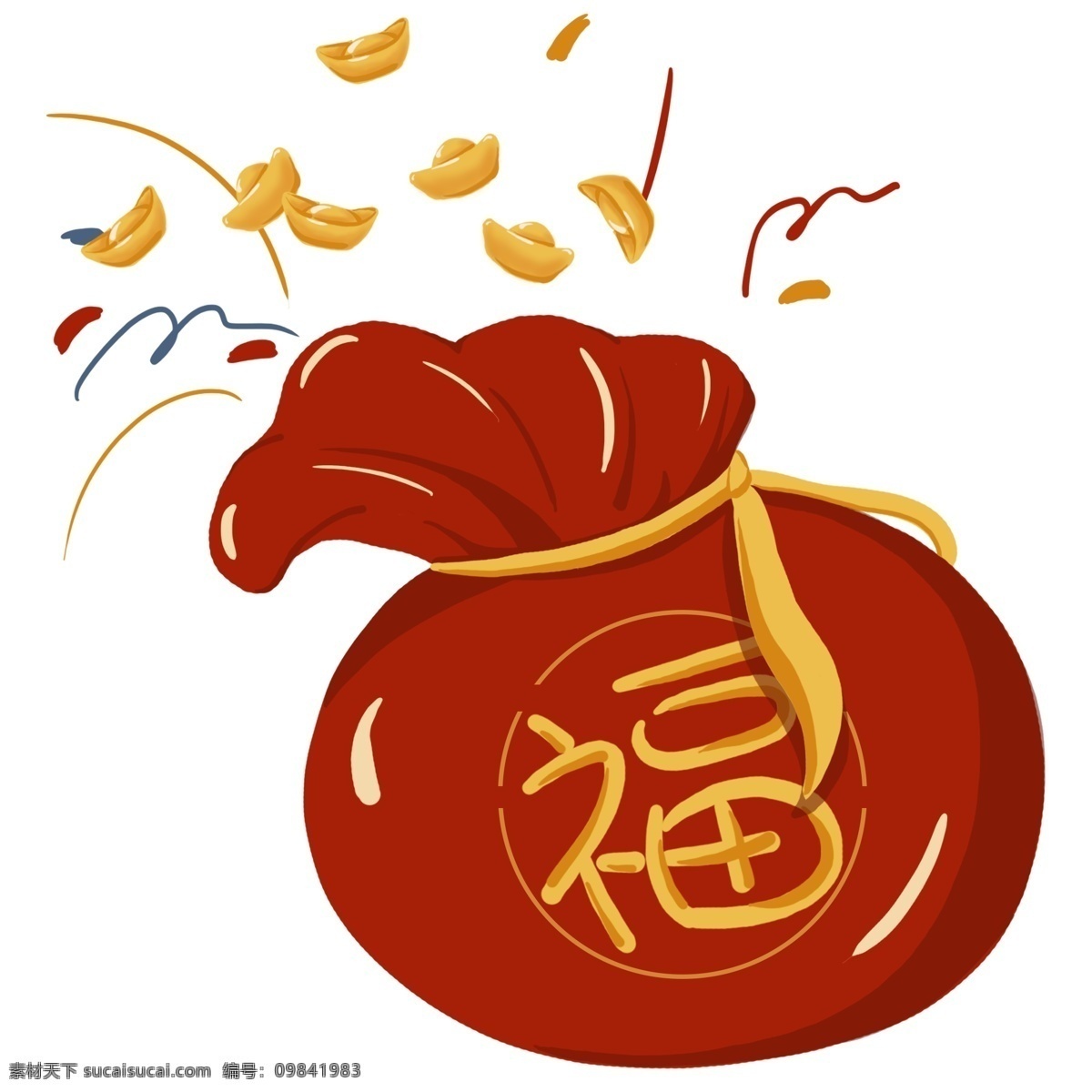 新年 喜庆 吉祥如意 福 袋 手绘 商用 元素 福袋 吉祥 热闹 金元宝 发财