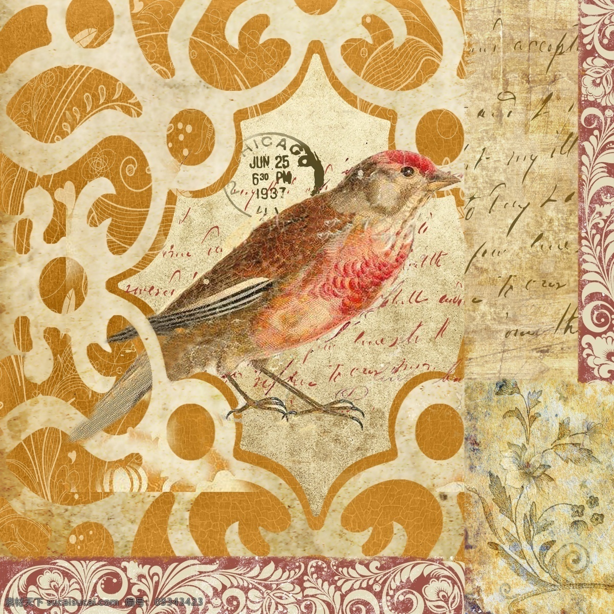 英伦 风 复古 小鸟 无 框 画 背景 底纹 花 花朵 花纹 怀旧 客厅 鸟 欧美风格 叶子 手绘 斑珀 手写文字 邮票 邮章 艺术 书房 墙饰 油画 装饰画 无框画 原创设计 原创装饰设计