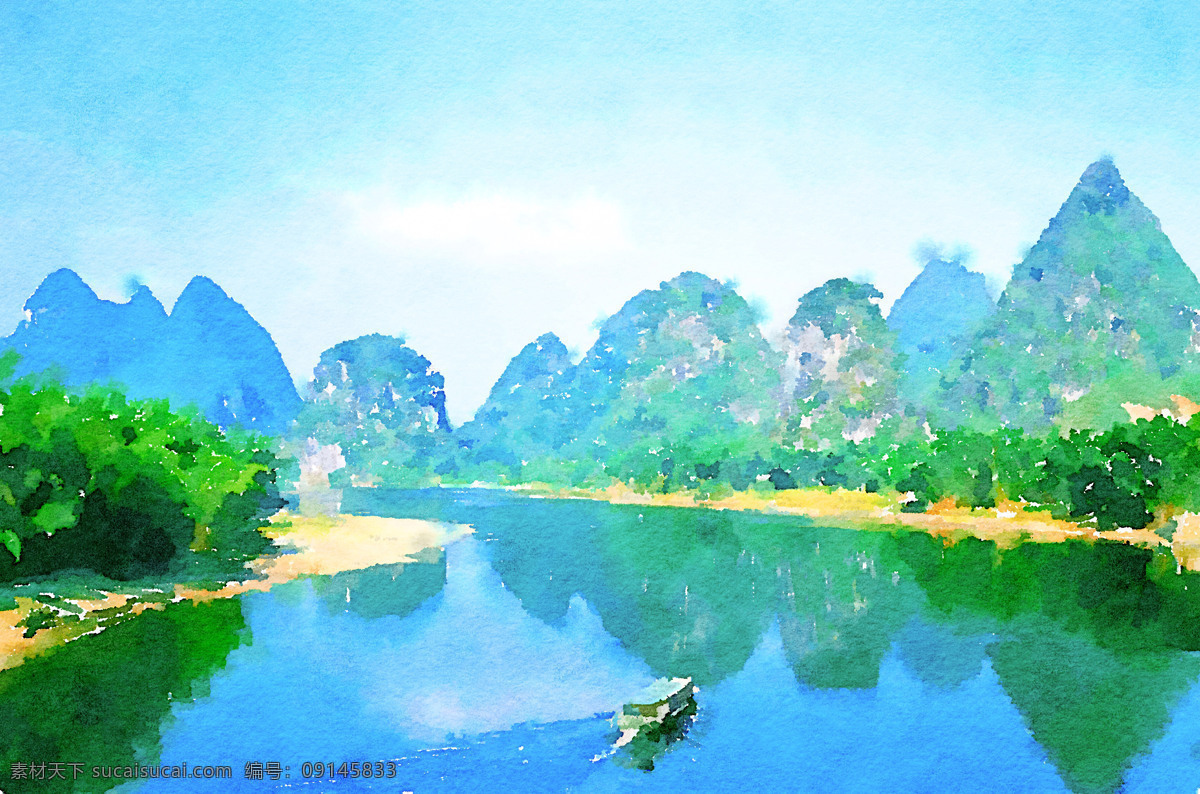 漓江 风光 水彩画 山水 桂林漓江 桂林山水 山水风景 喀斯特地貌 漓江风光 山水画 手绘 美术 艺术 绘画 文化艺术 绘画书法 水彩
