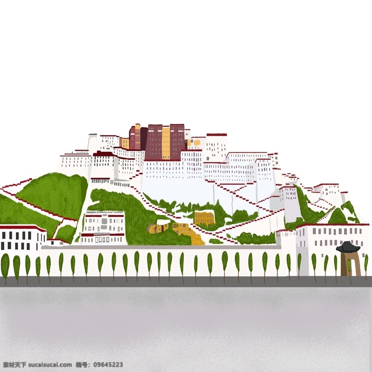 漂亮 建筑物 手绘 插画 漂亮的建筑物 创意建筑物 建筑物装饰 白色的院墙 绿色的树木 植物装饰
