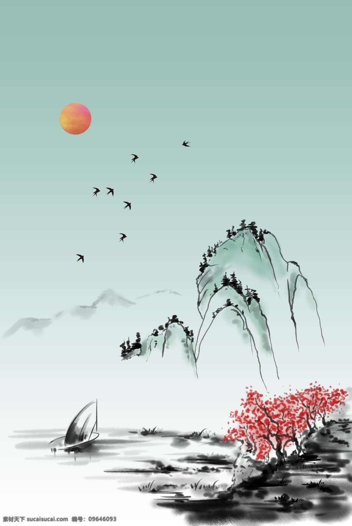 复古 中国 风 水墨 山水 落日 海报 背景 中国风 水墨山水 飞鸟 燕子 桃林 海报背景