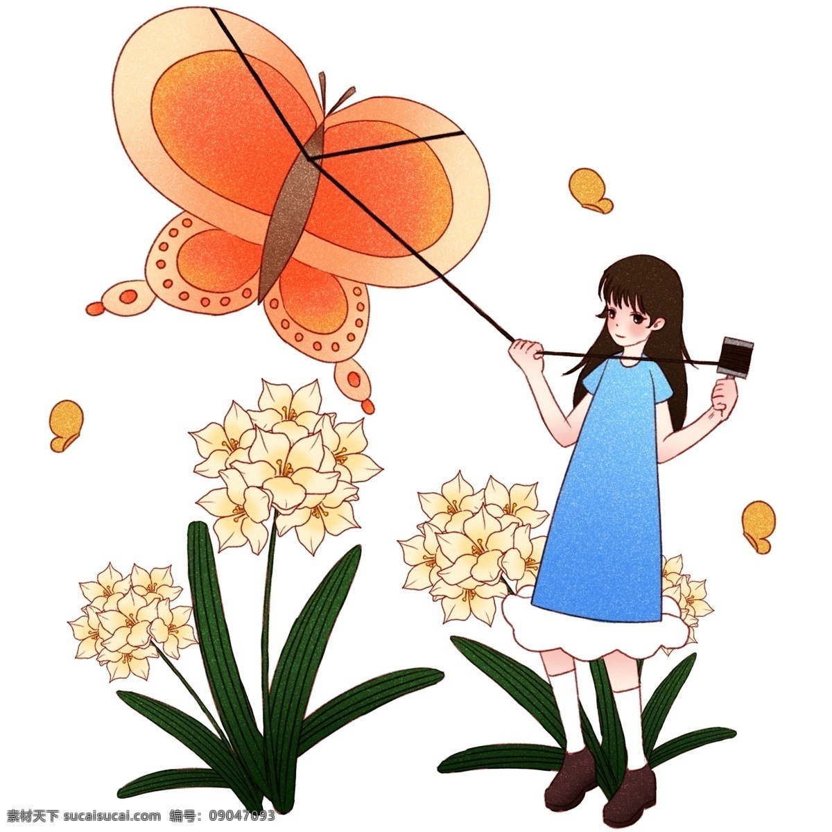 放风筝 小女孩 插画 春游踏青插画 橙色的风筝 绿色的叶子 白色的小花 卡通人物