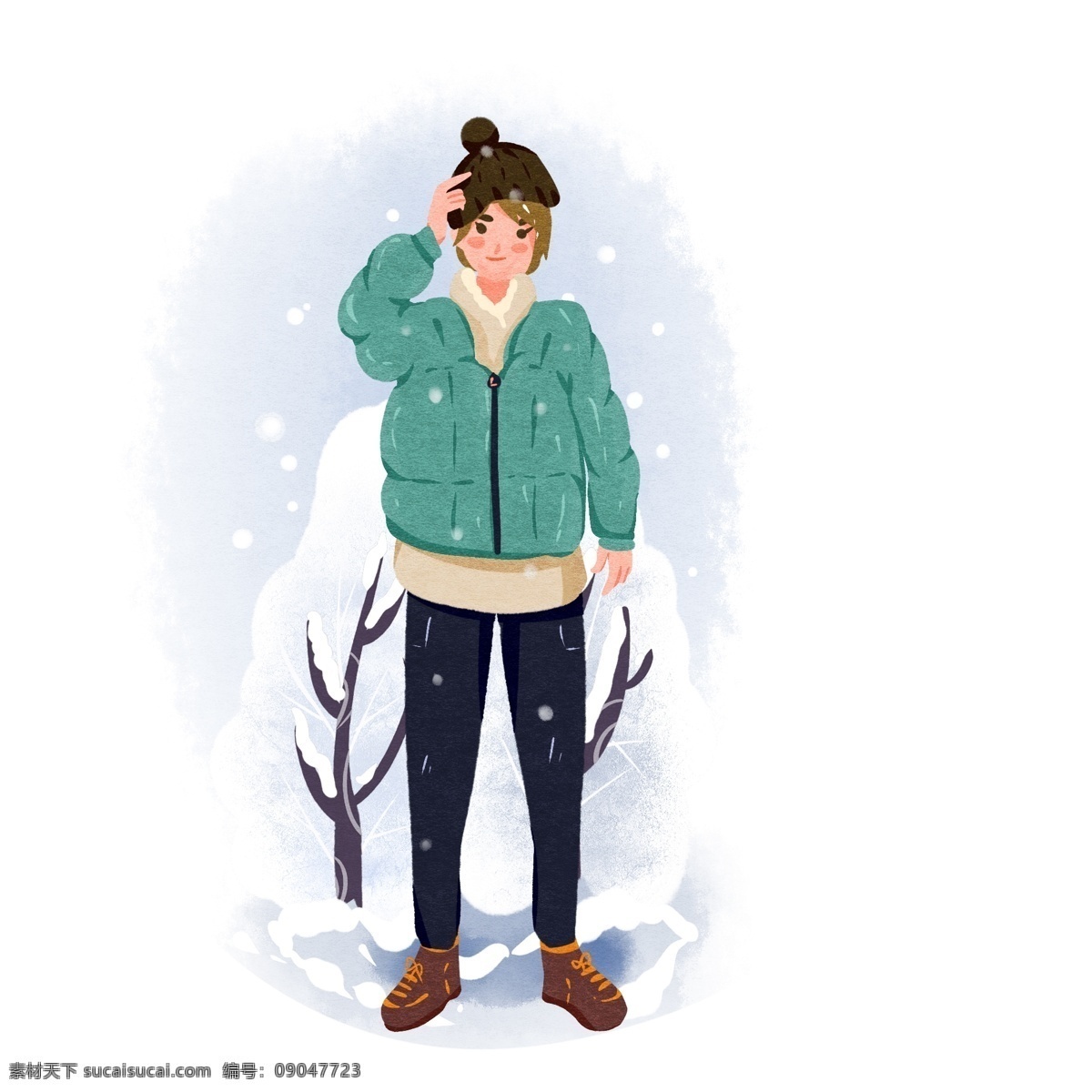 冬天 冬装 人物 男孩 下雪 扁平 卡通 元素 冬季 羽绒服