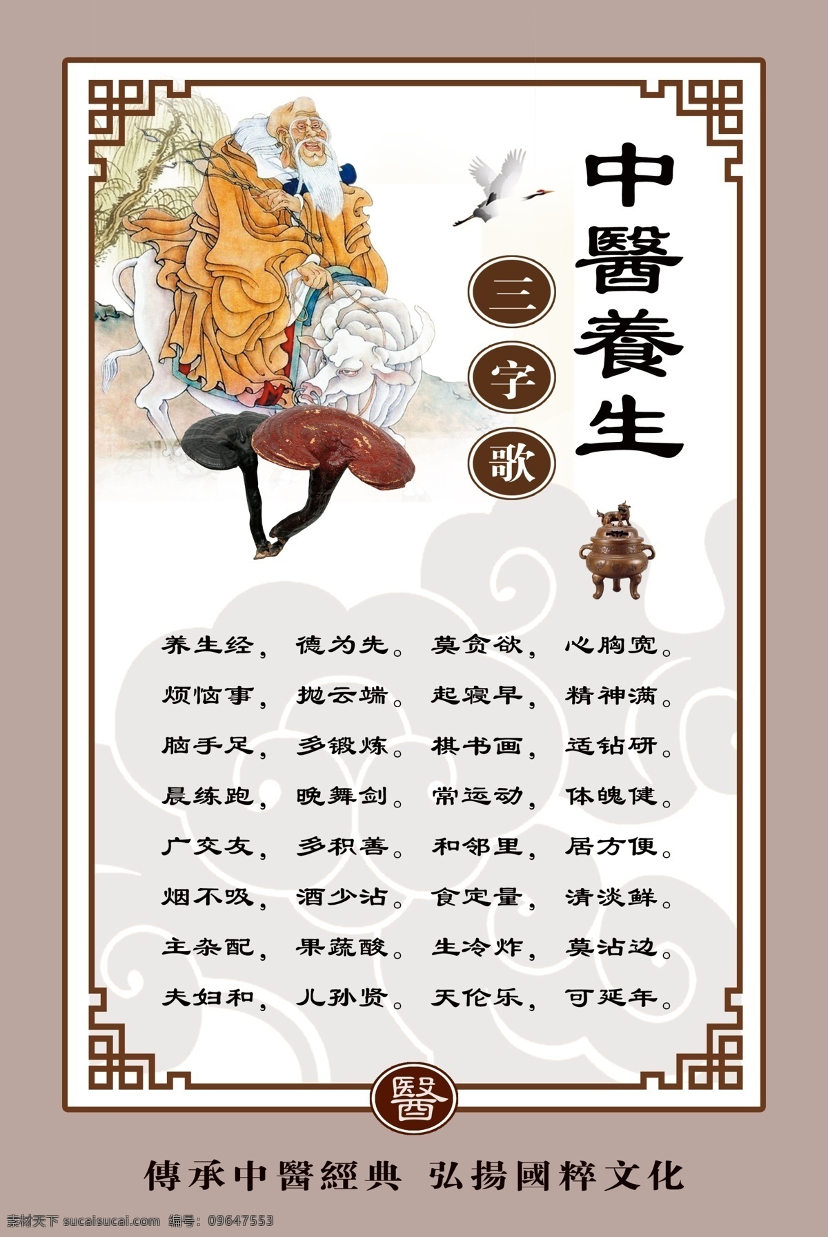 中医养生展板 中医 养生 展板 画框 图画 三字歌 香炉 tif分层 灵芝