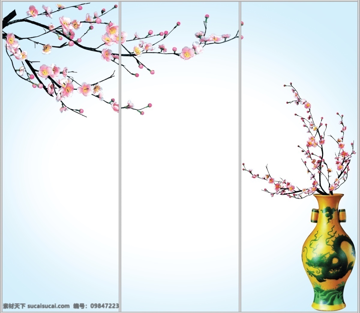移门图案 移门 梅花 花瓶 蓝色 冷色 白色 粉色 花瓶里的梅花 广告设计模板 源文件