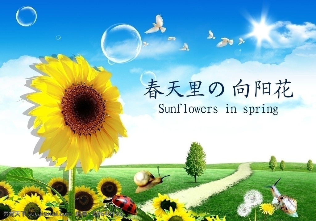 春天 里 向阳花 分层 阳光 绿地 蜗牛 树 天空 草地 蓝天 梦境 白云 招贴 源文件