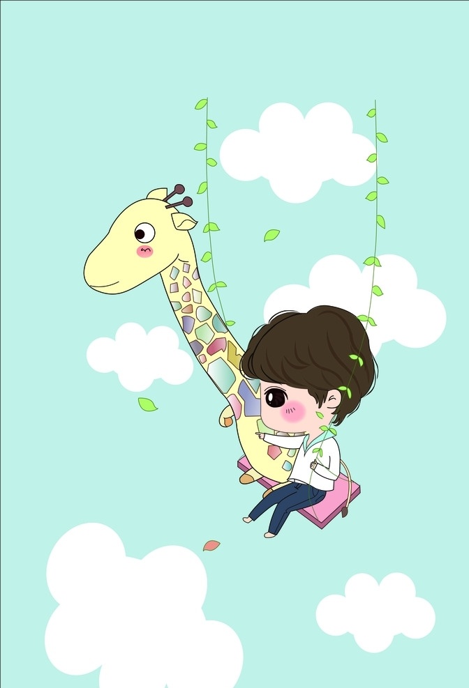 小孩 鹿 荡秋千 卡通 男孩 长颈鹿 自由 动漫动画 动漫人物